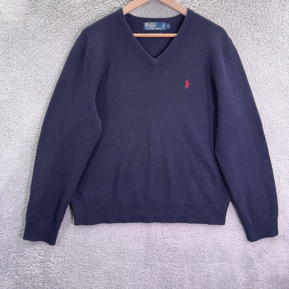 VTG Polo Ralph Lauren Lambs Wool‎ Pullover Sweater Men L Blue V-Neck Red Pony